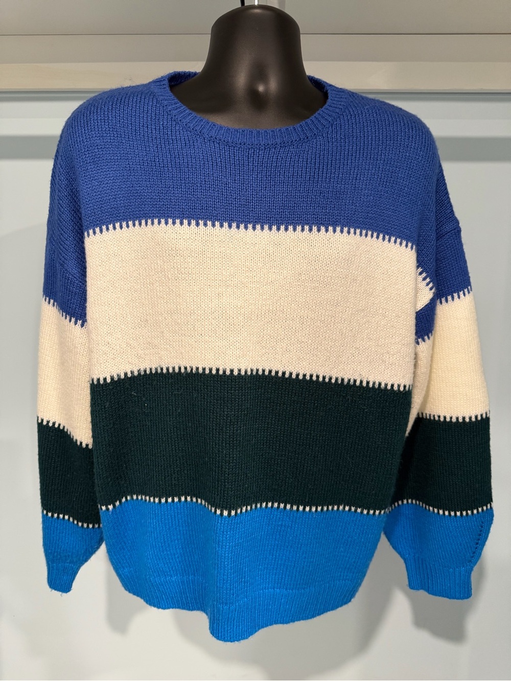 Men's Crewneck Stripe Sweater in Blue, Cream & Dark Green